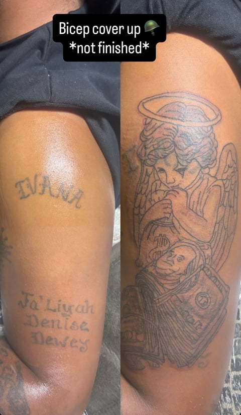 Bicep tattoo cover-up in progress showing an unfinished angel design on one arm and text tattoo on the other arm