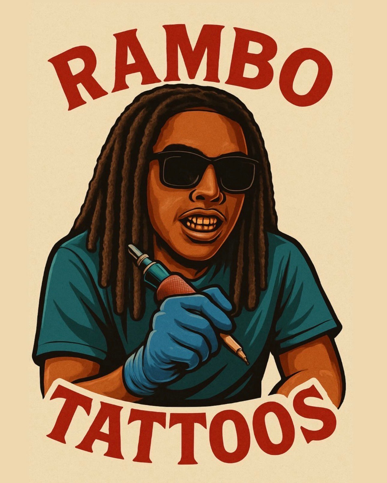 Illustration of person with dreadlocks wearing sunglasses and blue shirt, holding a tattoo gun, with Rambo Tattoos text