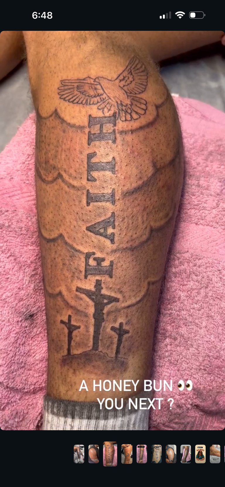 Leg tattoo featuring a soaring dove at top, vertical text reading FAITH in center, three crosses below